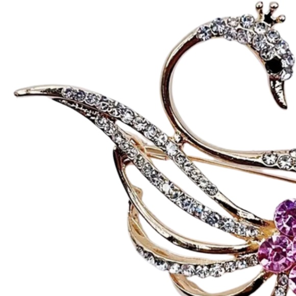 Swan-Shaped Brooch with Rhinestones on a Gold Color Alloy Base - Purple - Picture 4 of 6